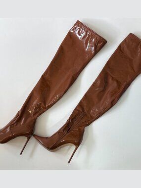 Steve Madden Viktory Over The Knee Boots Size 7M Patent Cognac Stiletto